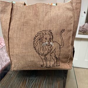 Brown Lion Embroidered Tote Bag